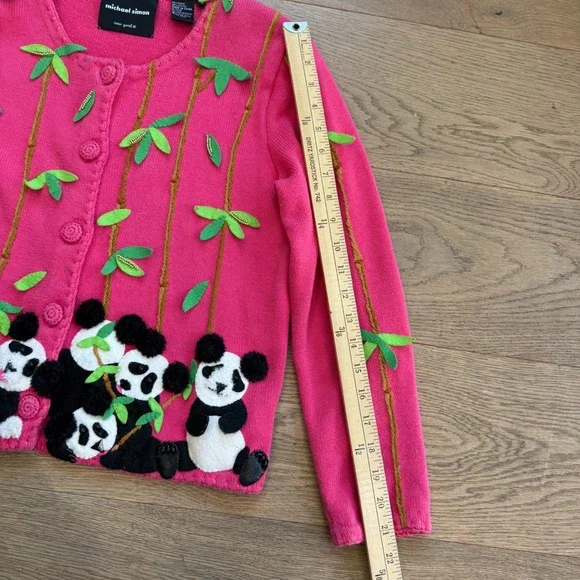 Michael Simon Vintage Panda Bamboo Pink Cardigan Sweater Womens Small Novelty 3D - Picture 7 of 10